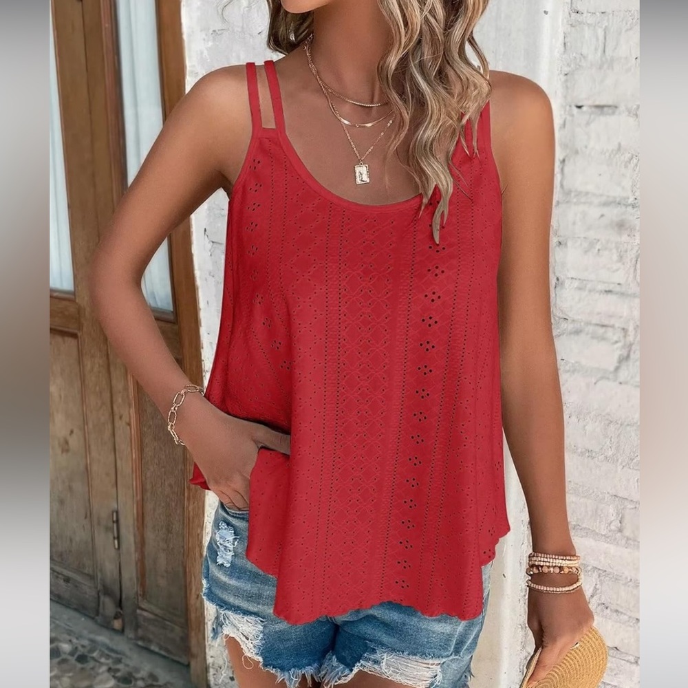 Eyelet Embroidery Cutout Sleeveless Scoop Neck Tank Top